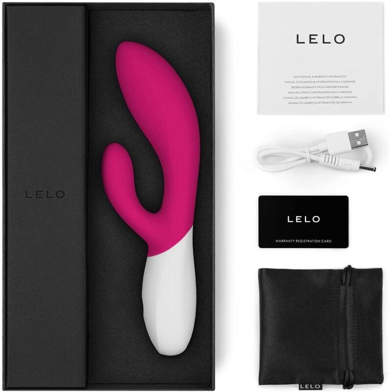Contenido de la caja LELO INA Wave 2: producto, cable USB, tarjeta de garantía y funda de satén