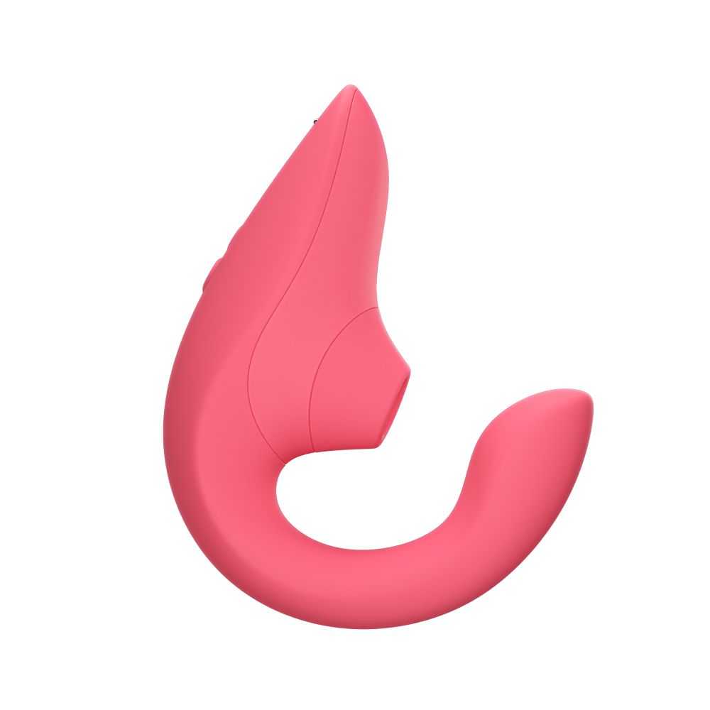 Womanizer Blend rosa, vista lateral de su diseño curvado de doble estimulación sobre fondo blanco.