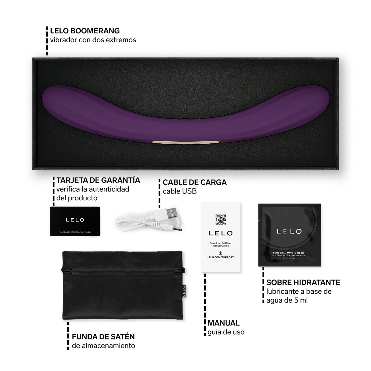 Contenido de la caja LELO BOOMERANG: vibrador, cable de carga y funda de satén