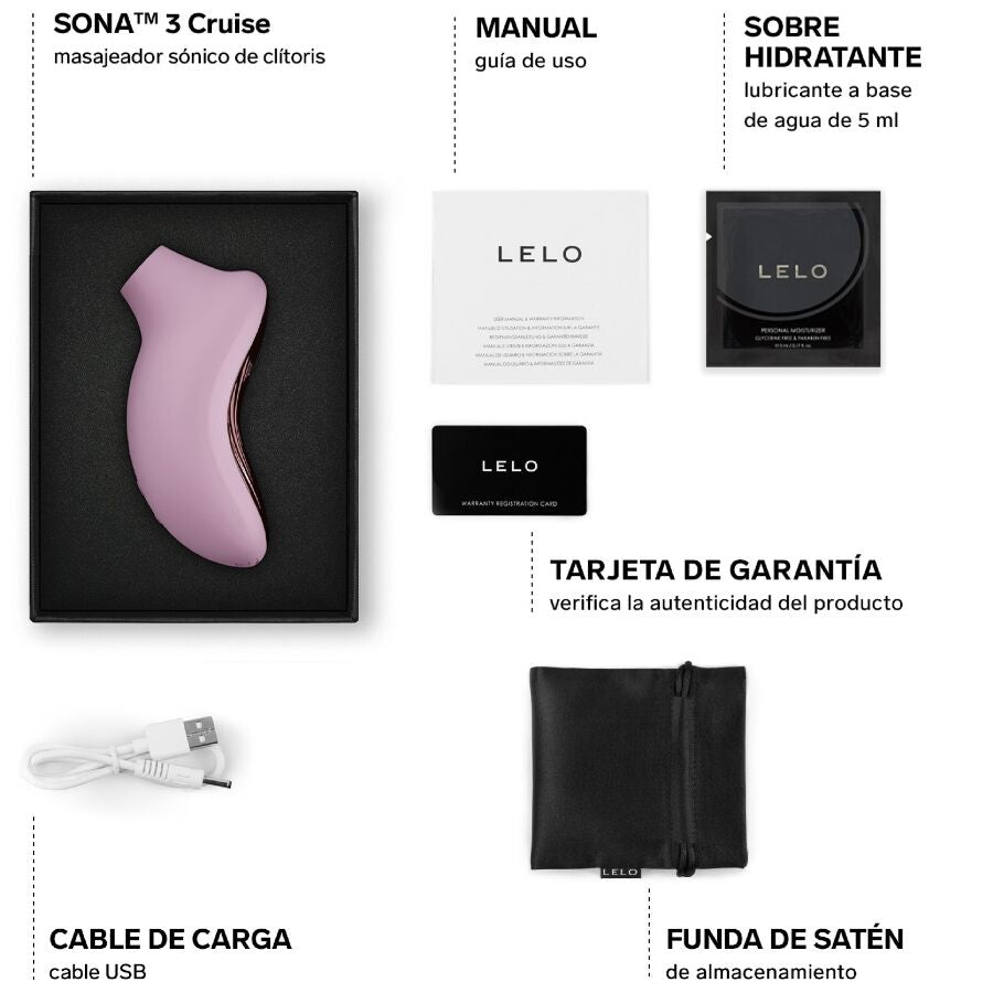 LELO SONA 3 Cruise Rosa - contenido de la caja completo con funda satén y cable USB
